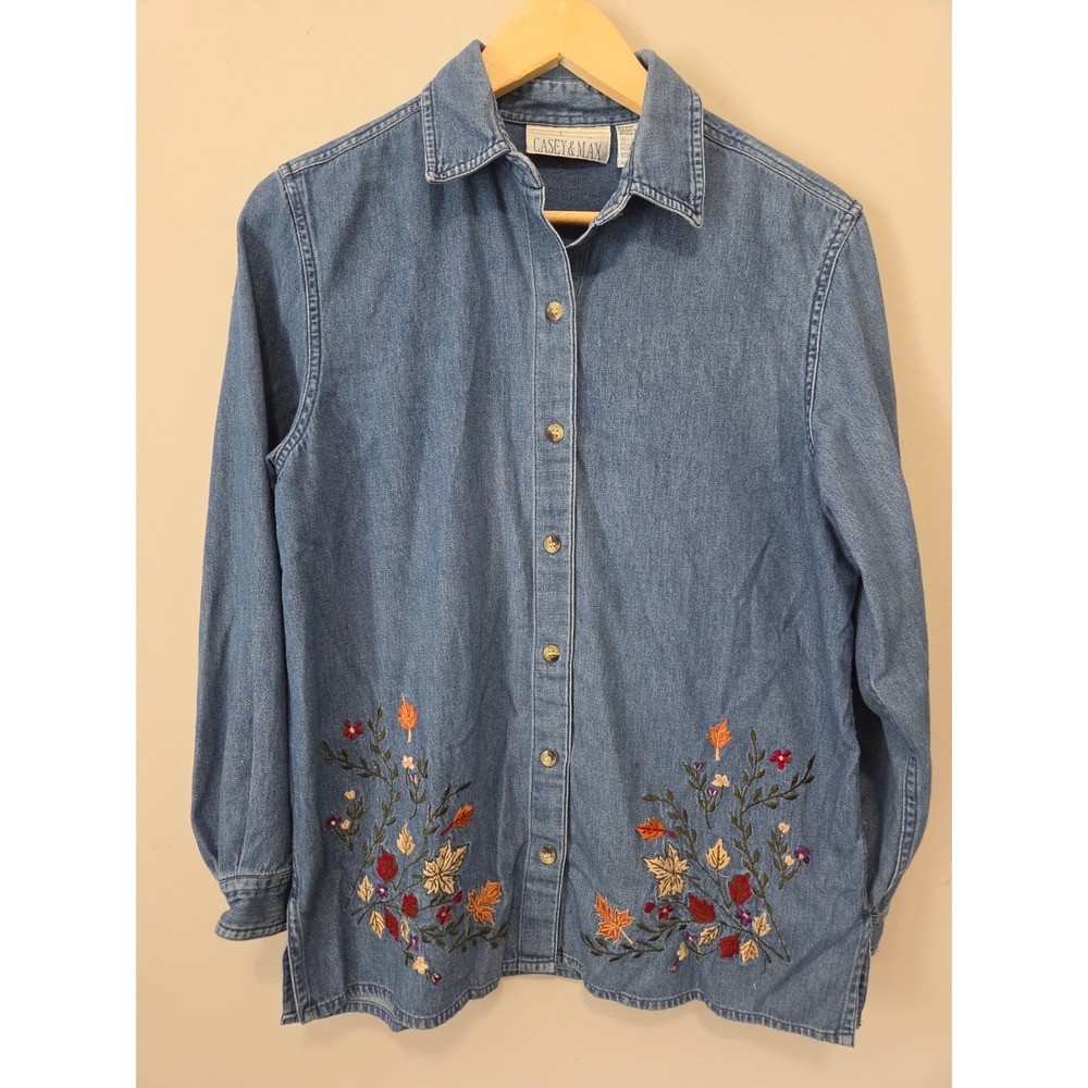 Casey & Max Womens Denim‎ Shirt Embroidered Fall Leaves Floral Blue Cotton Small
